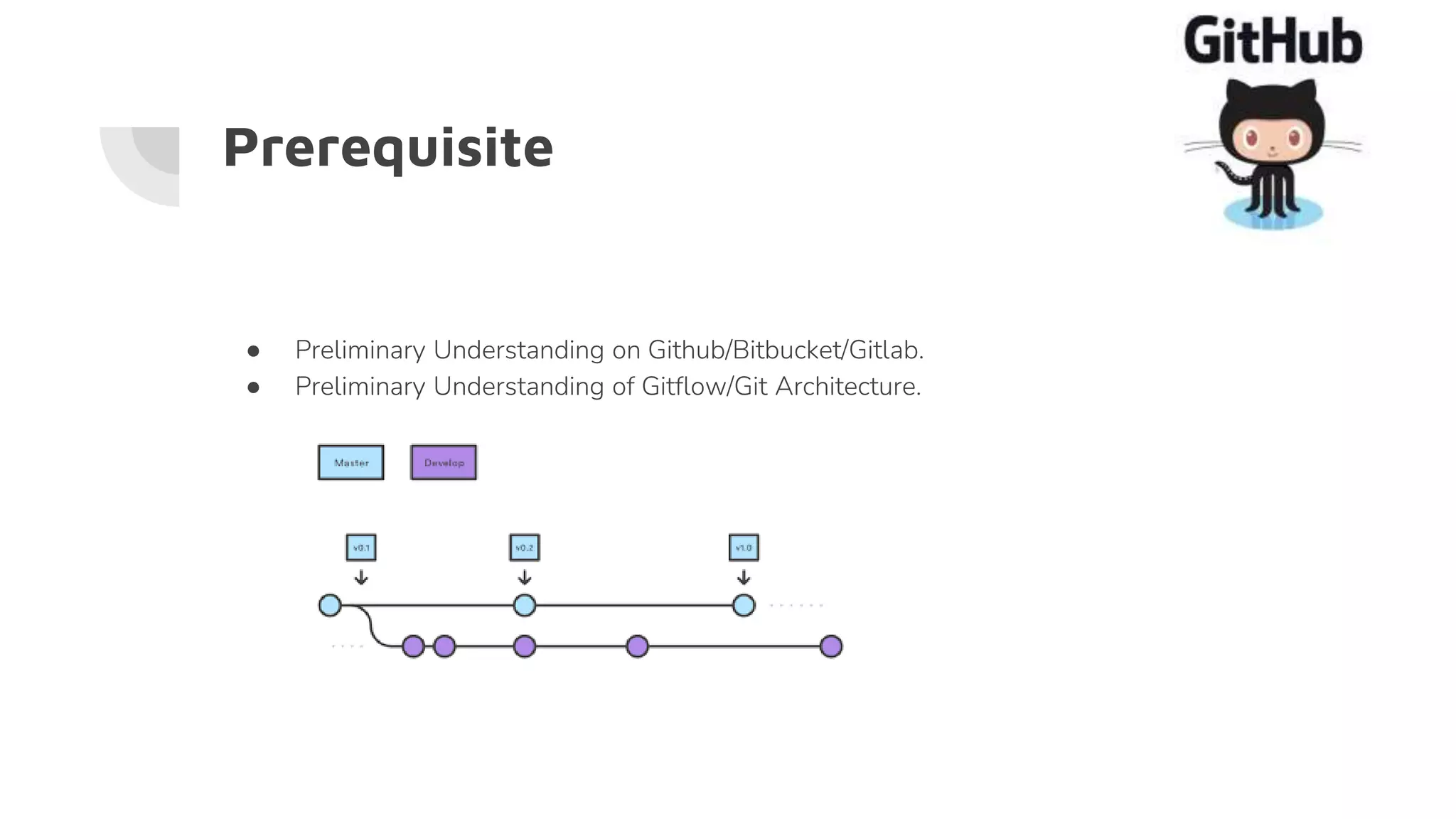 Prerequisite
● Preliminary Understanding on Github/Bitbucket/Gitlab.
● Preliminary Understanding of Gitflow/Git Architecture.
 