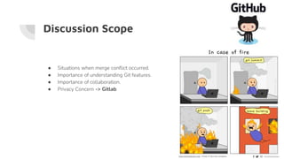 Discussion Scope
● Situations when merge conflict occurred.
● Importance of understanding Git features.
● Importance of collaboration.
● Privacy Concern -> Gitlab
 