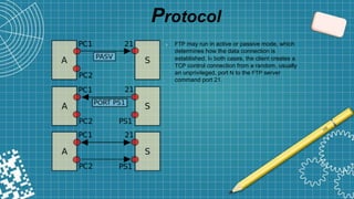 Protocol
➲ FTP may run in active or passive mode, which
determines how the data connection is
established. In both cases, the client creates a
TCP control connection from a random, usually
an unprivileged, port N to the FTP server
command port 21.
 