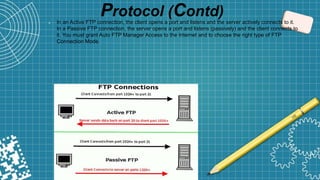 Protocol (Contd)
➲ In an Active FTP connection, the client opens a port and listens and the server actively connects to it.
In a Passive FTP connection, the server opens a port and listens (passively) and the client connects to
it. You must grant Auto FTP Manager Access to the Internet and to choose the right type of FTP
Connection Mode.
 