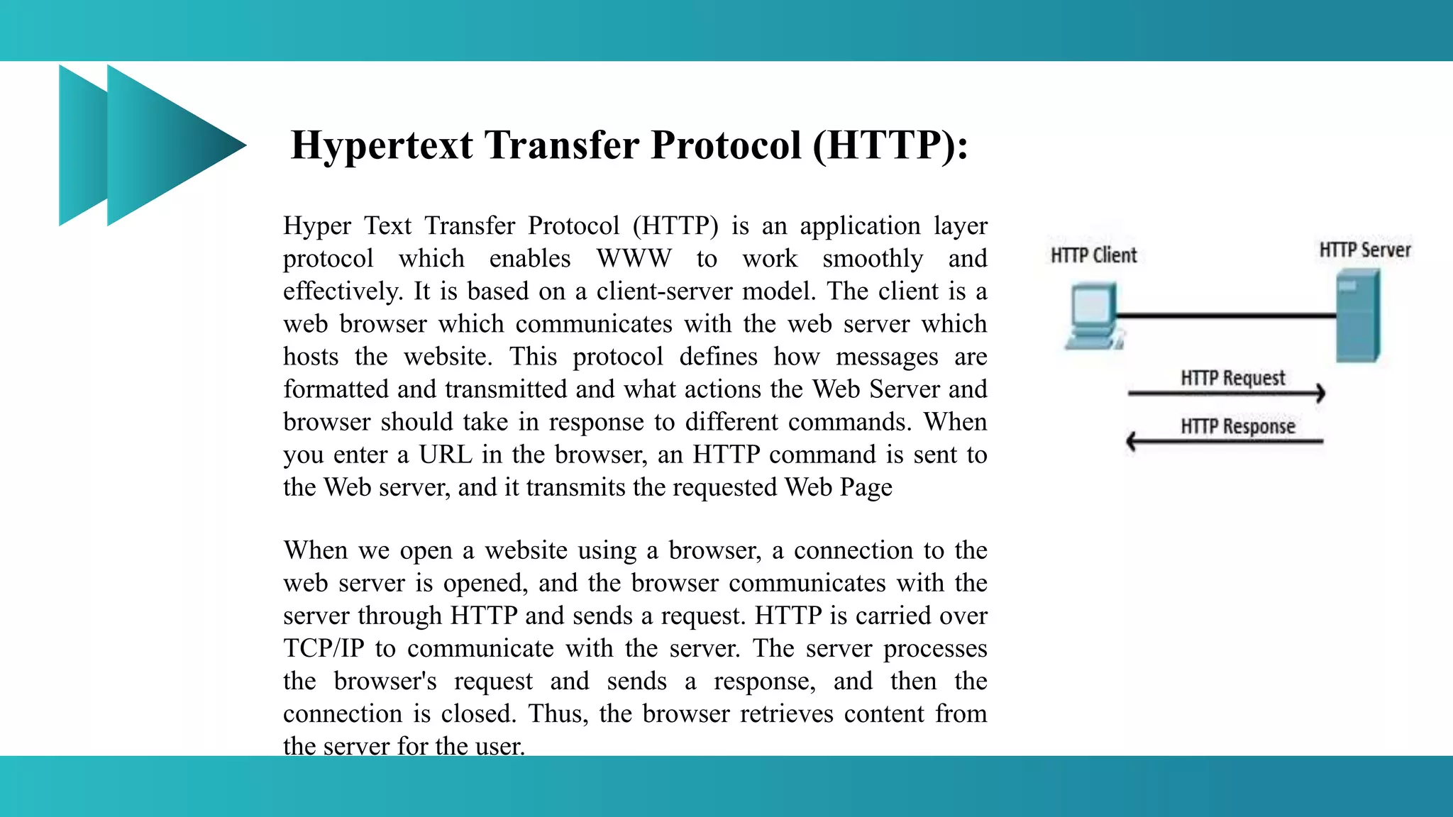 Hypertext Transfer Protocol (HTTP):
Hyper Text Transfer Protocol (HTTP) is an application layer
protocol which enables WWW to work smoothly and
effectively. It is based on a client-server model. The client is a
web browser which communicates with the web server which
hosts the website. This protocol defines how messages are
formatted and transmitted and what actions the Web Server and
browser should take in response to different commands. When
you enter a URL in the browser, an HTTP command is sent to
the Web server, and it transmits the requested Web Page
When we open a website using a browser, a connection to the
web server is opened, and the browser communicates with the
server through HTTP and sends a request. HTTP is carried over
TCP/IP to communicate with the server. The server processes
the browser's request and sends a response, and then the
connection is closed. Thus, the browser retrieves content from
the server for the user.
 