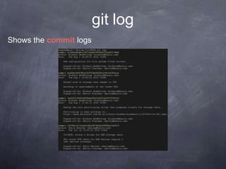 git log
Shows the commit logs
 