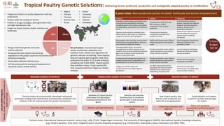 Tropical Poultry Genetic Solutions: Delivering farmer preferred, productive and ecologically adapted poultry to smallholders’
Products
Why Where
ILRI
ILRI
and
CGIAR
Programs
(Policies,
Gender,
LiMP
Capacity
Development,
Health
and
Feed)
• Indigenous chicken are locally adapted but with low
productivity
• Poultry under the custody of women
• Present in all agro-ecologies, short generation time
and high reproduction rate
• Impact on human income, health, nutrition and
livelihoods
• Range of technical genetic and social
science expertise
• Strong partnership network and working
experience in the project countries and private sector
breeding companies
• Strong data collection infrastructure
• ILRI has pioneered the testing and deployment of
improved chicken breeds (ACGG)
We will deliver: Characterized tropical
poultry productivity, adaptation and
resilience traits. Markers and algorithms for
genomic selection and editing. Three ongoing
long-term genetic gain programs. New more
productive and better fit 13 (9 with breeding
companies and 4 with NARS) tropical poultry
lines and their crosses. 15 per country PGC
lines cryopreserved from indigenous chicken
ecotypes
5 years vision: More productive poultry for better livelihoods and women empowerment
• Nigeria
• Ethiopia
• Tanzania
• Burkina Faso
• Kenya
• Ghana
• Cambodia
• Myanmar
• Vietnam
• Zimbabwe
RESEARCH LEADING TO OUTPUTS DELIVERY LEADING TO IMPACT
TRANSLATION LEADING TO OUTCOMES
Characterization of environmental, phenotypic and genetic
parameters leading to the identification of productivity, adaptation and
resilience traits for tropical poultry for genetic improvement
Discovery and Translational Research
Database of tropical poultry
phenotypes and genotypes
including polymorphisms and
genes
Genomic and precision
breeding tools to accelerate
genetic gain in dual purpose
poultry
Markers and Gene Discovery
Genomic Selection and
Editing
New tropical poultry lines
that are more productive and
better fit across geographies
Scaled adoption and support
to partners to help close key gaps
for impact
Technology Evaluation and
Approval
Policy and regulatory
environment and track program
impacts
Partners roles: International advanced research centers (e.g. UoN, CTLGH, Wageningen University, The University of Nottingham), NARES; international poultry breeding companies
(e.g. Hendrix Genetics. Amo Farm, Hubbard) and in-country breeding companies (e.g. Ethiochicken, Silverlands), policy institutions (AU-IBAR, FAO)
5-Years
Budget
$49 M
Outputs CapDev Influences
Database of phenotypes, genotypes and
environmental parameters including
candidate genes and markers associated
to adaptability, production and resilience
traits
Private sector staff, PhD and
MSc students, NARES
researchers from project
countries
IP and technical working
groups, national and regional
research and development
systems, private sector
breeding companies
Genomic and precision breeding tools
(DNA markers, SNP chips) to accelerate
Long term Genetic Gains programs
Private sector breeding
companies and NARS from
project countries
National and regional research
and development systems,
private sector breeding
companies
Nine poultry lines and their crosses more
productive across geographies, and four
new selected indigenous breeds
NARS and Private sector officers
trained (producers and mother
units)
Local companies (hatcheries,
feed and health service
providers), NARS
Strategy/toolkit (feed, vaccination,
management) and the capacity to use
modern tools to drive accelerated genetic
gains and to deliver more productive,
farmer-preferred breeds
Private and public sector officers
trained (producers and mother
units), farmers and NGO
Local companies (breeding,
hatcheries, feed and health
service providers)
A collection of management options to
enhance productivity, adaptability and
profitability for all value chain actors
Private and public sector officers
trained (producers and mother
units), farmers and NGO
Private sector breeding
companies and NARS
Indigenous chicken PGC lines
cryopreserved in AU-IBAR regional
genebanks
AU-IBAR regional genebanks
equipped and their personnel
trained in the recovery and
biobanking of poultry PGC
Livestock Conservation
Communities (AU-IBAR, FAO,
country policy-makers)
 