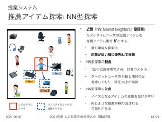 2021年度 人工知能学会全国大会（第35回）
2021.06.08 /21
13
提案システム


推薦アイテム探索: NN型探索
• 近傍（NN: Nearest Neighbors）型探索: 
リアルタイムユーザの近傍アイテムを
 
推薦アイテム集合  とする


• 最も単純な探索法


• 距離が近い順に優先して推薦
• NN型探索の利点


• 1回の近傍探索で済み，計算コスト小


• ターゲットユーザの行動と嗜好のみ
 
考慮しており，精度向上が期待


• NN型探索の欠点


• ノイズとなるアイテムの影響を受けやすい


• 同じような推薦が繰り返される
 
可能性がある
リアルタイム
 
ユーザ
リアルタイムユーザの
 
近傍アイテム
R
 