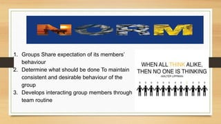 Team Norm
1. Groups Share expectation of its members’
behaviour
2. Determine what should be done To maintain
consistent and desirable behaviour of the
group
3. Develops interacting group members through
team routine
 