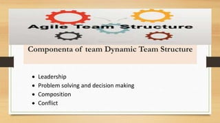  Leadership
 Problem solving and decision making
 Composition
 Conflict
Componenta of team Dynamic Team Structure
 
