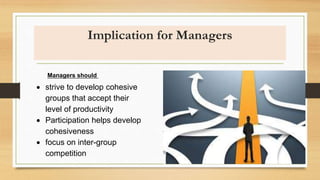 Implication for Managers
 strive to develop cohesive
groups that accept their
level of productivity
 Participation helps develop
cohesiveness
 focus on inter-group
competition
Managers should
 