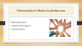 3 Characteristics of effectives Leadership teams
• Team composition
• Organizational support
• Creativity driven
 