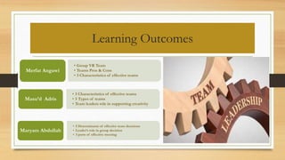 Learning Outcomes
• 5 Determinants of effective team decisions
• Leader’s role in group decision
• 3 parts of effective meeting
Maryam Abdullah
• Group VR Team
• Teams Pros & Cons
• 3 Characteristics of effective teams
Merfat Angawi
• 3 Characteristics of effective teams
• 3 Types of teams
• Team leaders role in supporting creativity
Masu’d Adris
 