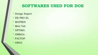 SOFTWARES USED FOR DOE
• Design Expert
• DE PRO XL
• MATREX
• Mini Tab
• OPTIMA
• OMEGA
• FACTOP
• GRG2
 