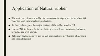 Application of Natural rubber
■ The main use of natural rubber is in automobiles tyres and tubes about 60
% of the total natural rubber production.
■ In heavy duty tyres, the major portion of the rubber used is NR
■ Uses of NR in hoses, footwear, battery boxes, foam mattresses, balloons,
toys etc., are well known.
■ NR now finds extensive use in soil stabilization, in vibration absorption
and in road making.
 