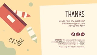 CREDITS: This presentation template was
created by Slidesgo, including icons by Flaticon
and infographics & images by Freepik.
THANKS
Do you have any questions?
diazrheaann@gmail.com
+63919 966 7417
Please keep this slide for attribution.
 