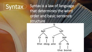 Syntax Syntax is a law of language
that determines the word
order and basic sentence
structure
 