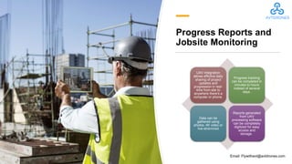 Progress Reports and
Jobsite Monitoring
UAV integration
allows effictive daily
sharing of project
updates and
progression in real-
time from site to
anywhere there's a
computer or phone.
Progress tracking
can be completed in
minutes to hours
instead of several
days.
Data can be
gathered using
photos, 4K video or
live-stremmed
Reports generated
from UAV
processing software
can be completely
digitized for easy
access and
storage.
Email: Flywithavt@avtdrones.com
 