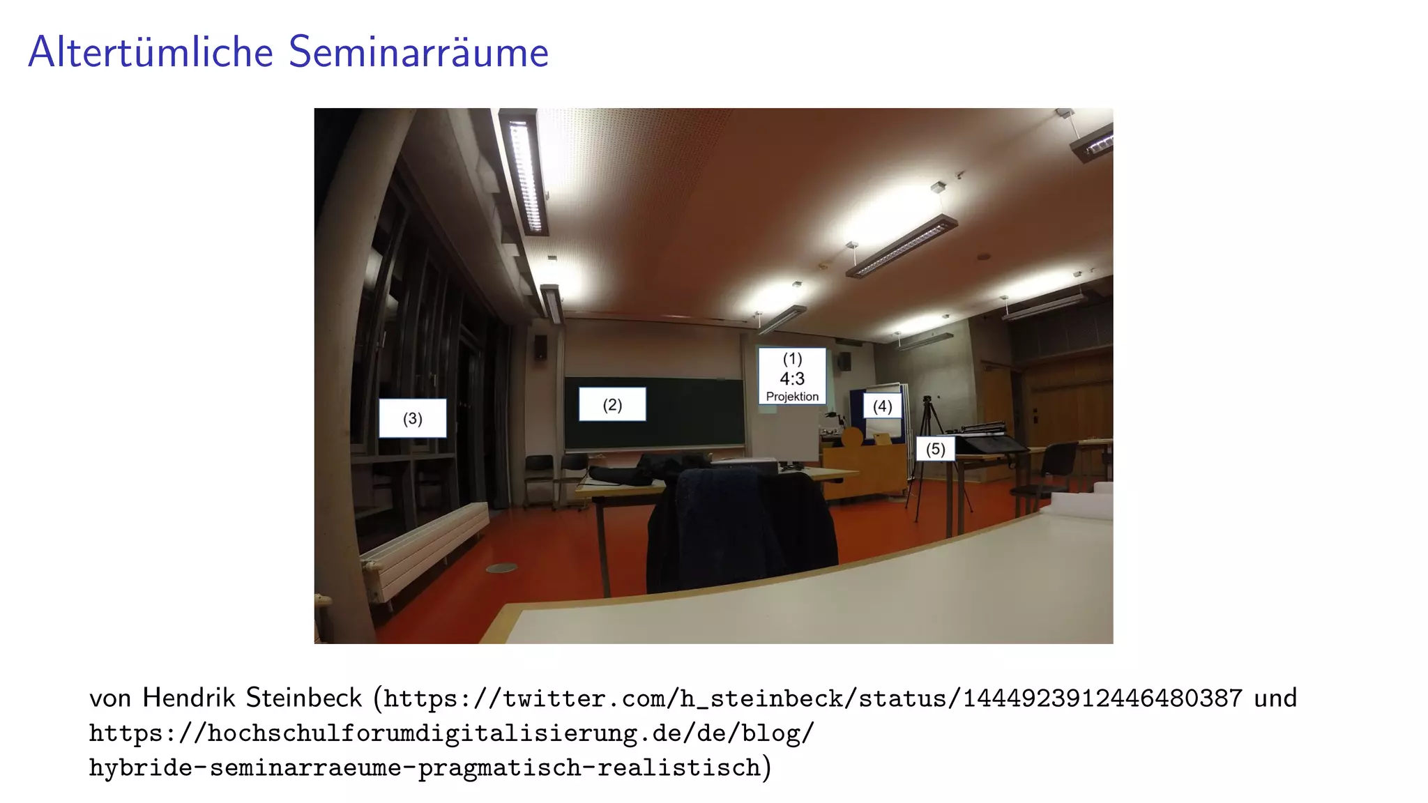 Altertümliche Seminarräume
von Hendrik Steinbeck (https://twitter.com/h_steinbeck/status/1444923912446480387 und
https://hochschulforumdigitalisierung.de/de/blog/
hybride-seminarraeume-pragmatisch-realistisch)
 