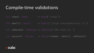 Runtime validations
val name3: Validation[String, Name] = Name.make(scala.io.StdIn.readLine())
val email3: Validation[Stri...