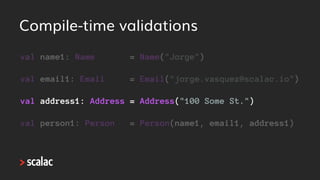 Runtime validations
val name3: Validation[String, Name] = Name.make(scala.io.StdIn.readLine())
val email3: Validation[Stri...