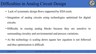 • Lack of systematic design ﬂows supported by EDA tools.
• Integration of analog circuits using technologies optimized for digital
circuits.
• Difﬁculty in reusing analog blocks because they are sensitive to
surrounding circuitry and environmental and process variations.
• As the technology is scaling down square law equation is not followed
and thus optimization is difficult.
Difficulties in Analog Circuit Design
December 6, 2021 Recent Trends in Analog Circuit Design Using ANN 11
 
