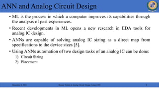 • ML is the process in which a computer improves its capabilities through
the analysis of past experiences.
• Recent developments in ML opens a new research in EDA tools for
analog IC design.
• ANNs are capable of solving analog IC sizing as a direct map from
specifications to the device sizes [5].
• Using ANNs automation of two design tasks of an analog IC can be done:
1) Circuit Sizing
2) Placement
ANN and Analog Circuit Design
December 6, 2021 Recent Trends in Analog Circuit Design Using ANN 8
 