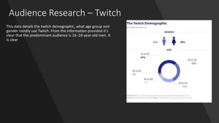Audience Research – Twitch
This data details the twitch demographic, what age group and
gender mostly use Twitch. From the information provided it's
clear that the predominant audience is 16–24-year-old men. It
is clear
 