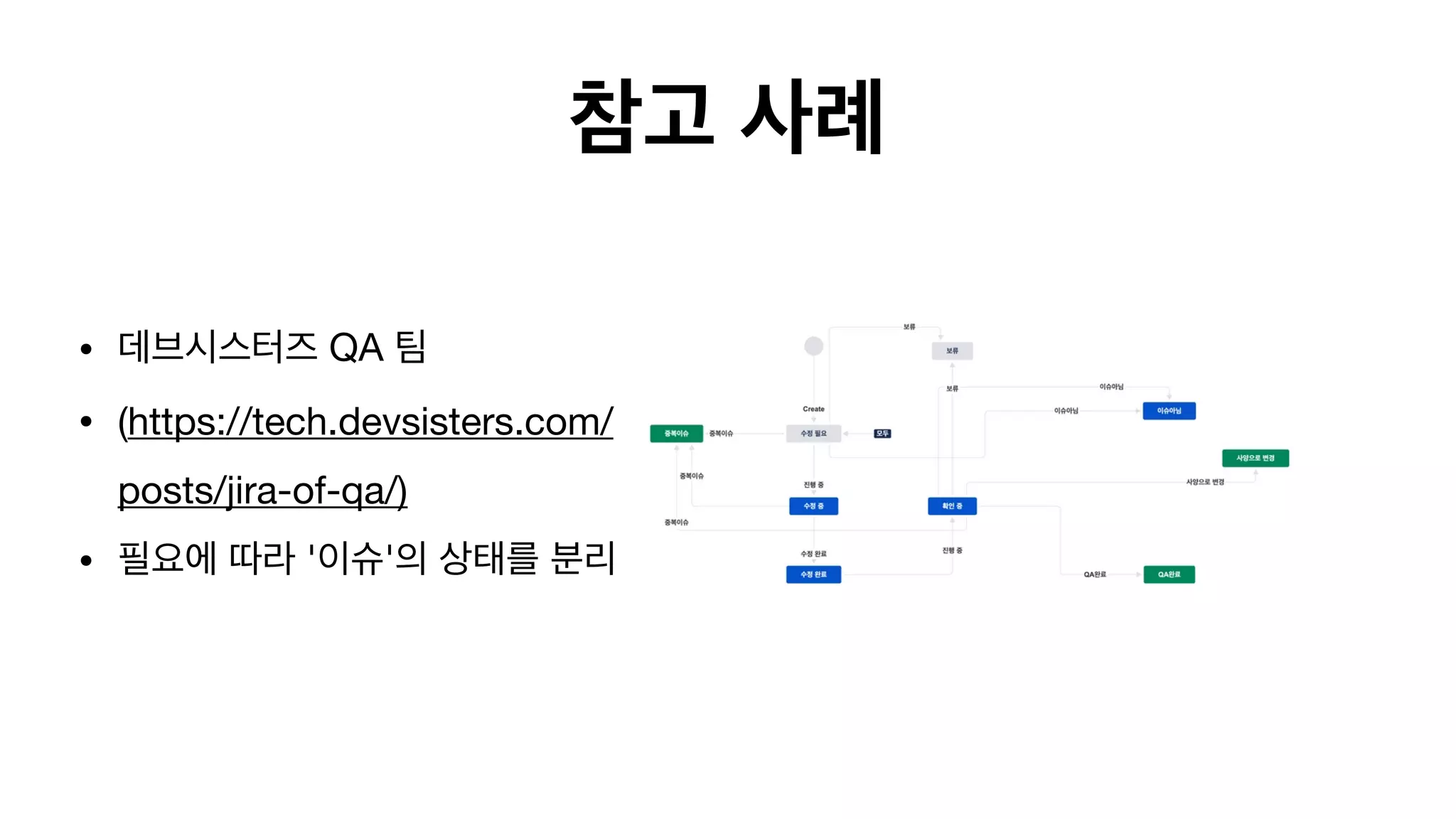 참고 사례
• 데브시스터즈 QA 팀

• (https://tech.devsisters.com/
posts/jira-of-qa/)

• 필요에 따라 '이슈'의 상태를 분리

 