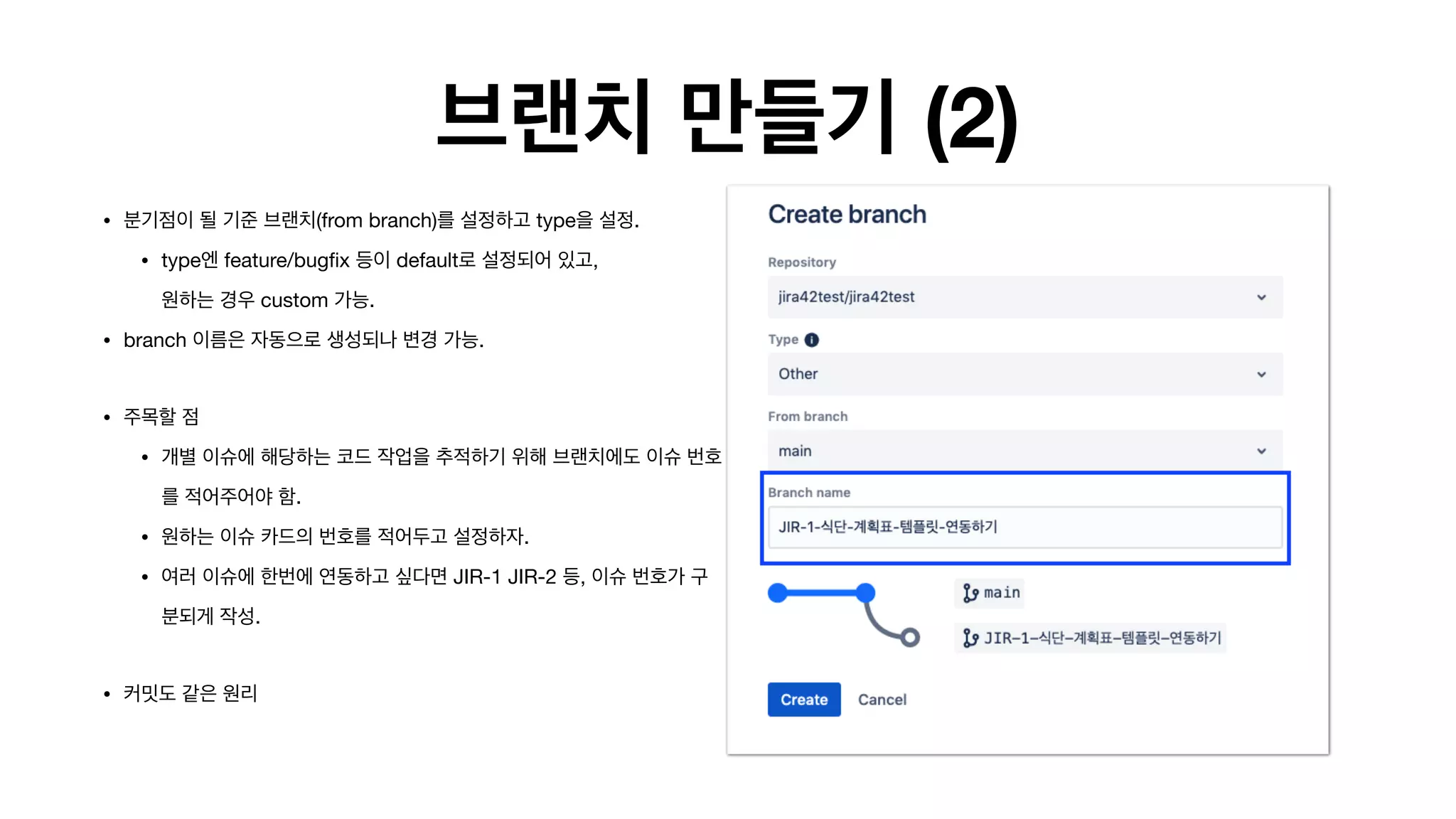 브랜치 만들기 (2)
• 분기점이 될 기준 브랜치(from branch)를 설정하고 type을 설정.

• type엔 feature/bugfix 등이 default로 설정되어 있고,  
원하는 경우 custom 가능.

• branch 이름은 자동으로 생성되나 변경 가능. 

• 주목할 점

• 개별 이슈에 해당하는 코드 작업을 추적하기 위해 브랜치에도 이슈 번호
를 적어주어야 함.

• 원하는 이슈 카드의 번호를 적어두고 설정하자.

• 여러 이슈에 한번에 연동하고 싶다면 JIR-1 JIR-2 등, 이슈 번호가 구
분되게 작성.

• 커밋도 같은 원리 
 
 