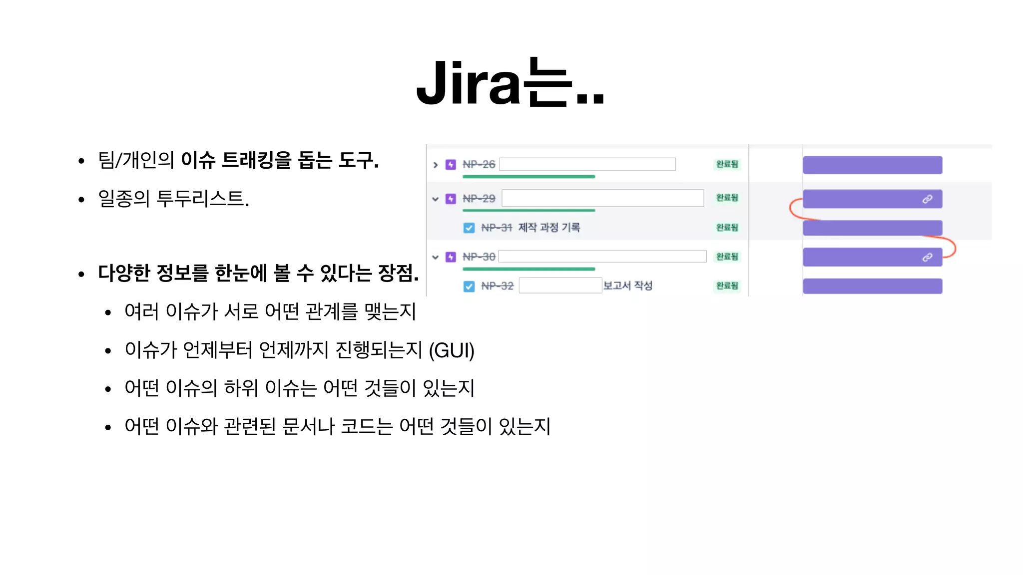 Jira는..
• 팀/개인의 이슈 트래킹을 돕는 도구.

• 일종의 투두리스트. 
• 다양한 정보를 한눈에 볼 수 있다는 장점.
• 여러 이슈가 서로 어떤 관계를 맺는지

• 이슈가 언제부터 언제까지 진행되는지 (GUI) 

• 어떤 이슈의 하위 이슈는 어떤 것들이 있는지

• 어떤 이슈와 관련된 문서나 코드는 어떤 것들이 있는지

 