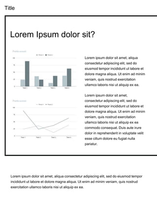 Title
Lorem ipsum dolor sit amet, aliqua consectetur adipiscing elit, sed do eiusmod tempor
incididunt ut labore et dolore magna aliqua. Ut enim ad minim veniam, quis nostrud
exercitation ullamco laboris nisi ut aliquip ex ea.
Lorem ipsum dolor sit amet, aliqua
consectetur adipiscing elit, sed do
eiusmod tempor incididunt ut labore et
dolore magna aliqua. Ut enim ad minim
veniam, quis nostrud exercitation
ullamco laboris nisi ut aliquip ex ea.
Lorem ipsum dolor sit amet,
consectetur adipiscing elit, sed do
eiusmod tempor incididunt ut labore et
dolore magna aliqua. Ut enim ad minim
veniam, quis nostrud exercitation
ullamco laboris nisi ut aliquip ex ea
commodo consequat. Duis aute irure
dolor in reprehenderit in voluptate velit
esse cillum dolore eu fugiat nulla
pariatur.
Lorem Ipsum dolor sit?
 