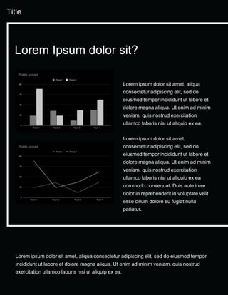 Title
Lorem ipsum dolor sit amet, aliqua consectetur adipiscing elit, sed do eiusmod tempor
incididunt ut labore et dolore magna aliqua. Ut enim ad minim veniam, quis nostrud
exercitation ullamco laboris nisi ut aliquip ex ea.
Lorem ipsum dolor sit amet, aliqua
consectetur adipiscing elit, sed do
eiusmod tempor incididunt ut labore et
dolore magna aliqua. Ut enim ad minim
veniam, quis nostrud exercitation
ullamco laboris nisi ut aliquip ex ea.
Lorem ipsum dolor sit amet,
consectetur adipiscing elit, sed do
eiusmod tempor incididunt ut labore et
dolore magna aliqua. Ut enim ad minim
veniam, quis nostrud exercitation
ullamco laboris nisi ut aliquip ex ea
commodo consequat. Duis aute irure
dolor in reprehenderit in voluptate velit
esse cillum dolore eu fugiat nulla
pariatur.
Lorem Ipsum dolor sit?
 