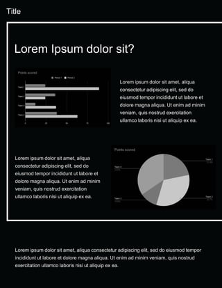 Title
Lorem ipsum dolor sit amet, aliqua consectetur adipiscing elit, sed do eiusmod tempor
incididunt ut labore et dolore magna aliqua. Ut enim ad minim veniam, quis nostrud
exercitation ullamco laboris nisi ut aliquip ex ea.
Lorem ipsum dolor sit amet, aliqua
consectetur adipiscing elit, sed do
eiusmod tempor incididunt ut labore et
dolore magna aliqua. Ut enim ad minim
veniam, quis nostrud exercitation
ullamco laboris nisi ut aliquip ex ea.
Lorem Ipsum dolor sit?
Lorem ipsum dolor sit amet, aliqua
consectetur adipiscing elit, sed do
eiusmod tempor incididunt ut labore et
dolore magna aliqua. Ut enim ad minim
veniam, quis nostrud exercitation
ullamco laboris nisi ut aliquip ex ea.
 