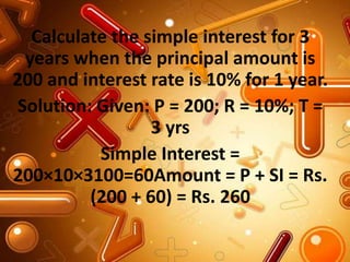 Calculate the simple interest for 3
years when the principal amount is
200 and interest rate is 10% for 1 year.
Solution: Given: P = 200; R = 10%; T =
3 yrs
Simple Interest =
200×10×3100=60Amount = P + SI = Rs.
(200 + 60) = Rs. 260
 
