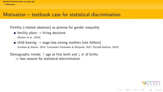 Statistical discrimination at young age:
Motivation
Motivation – textbook case for statistical discrimination
Fertility (-...