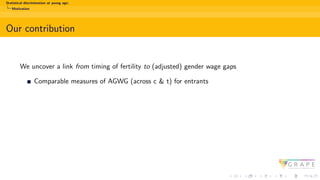 Statistical discrimination at young age:
Motivation
Our contribution
We uncover a link from timing of fertility to (adjusted) gender wage gaps
Comparable measures of AGWG (across c & t) for entrants
 