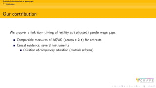 Statistical discrimination at young age:
Motivation
Our contribution
We uncover a link from timing of fertility to (adjusted) gender wage gaps
Comparable measures of AGWG (across c & t) for entrants
Causal evidence: several instruments
Duration of compulsory education (multiple reforms)
 