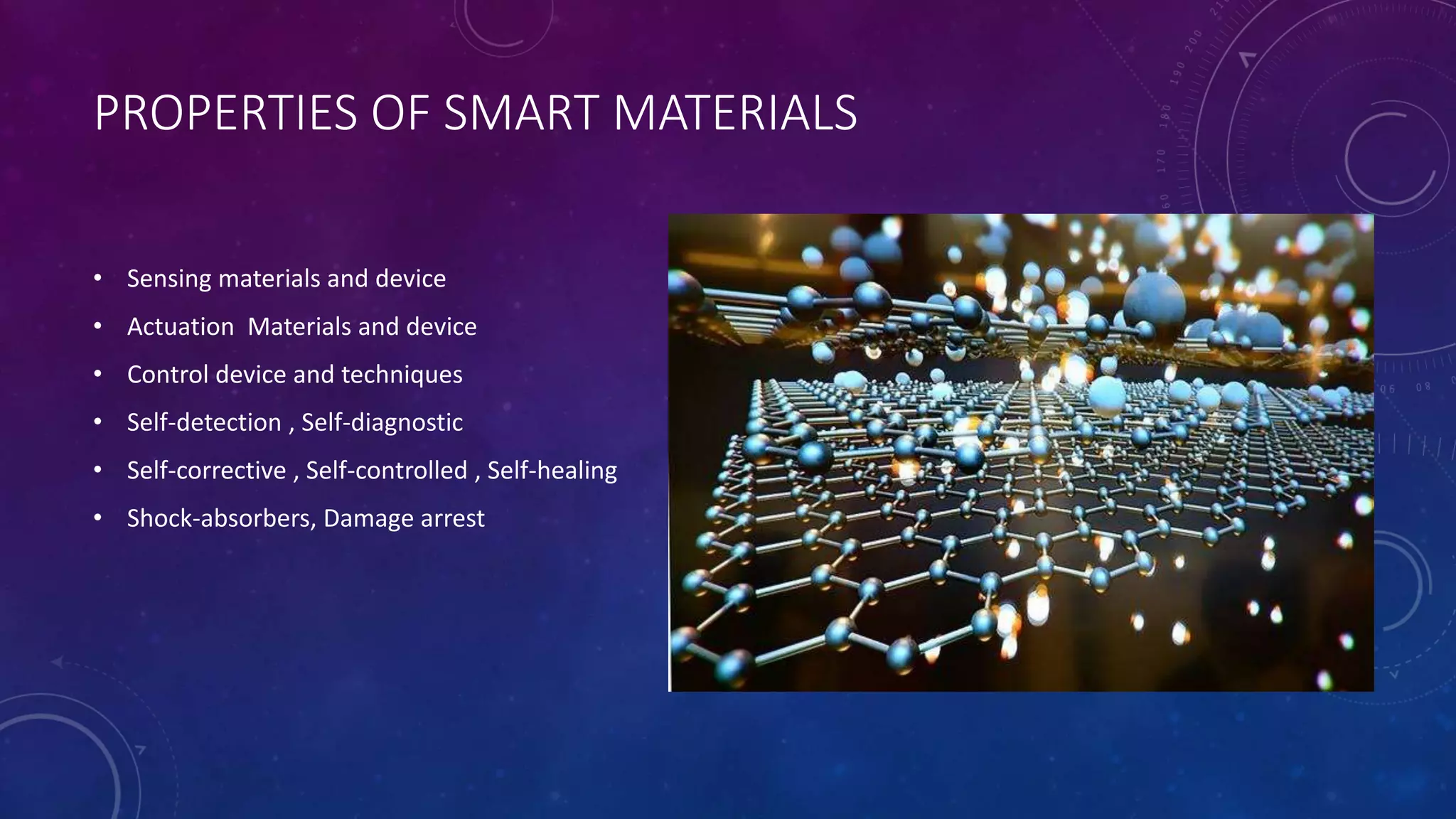 PROPERTIES OF SMART MATERIALS
• Sensing materials and device
• Actuation Materials and device
• Control device and techniques
• Self-detection , Self-diagnostic
• Self-corrective , Self-controlled , Self-healing
• Shock-absorbers, Damage arrest
 