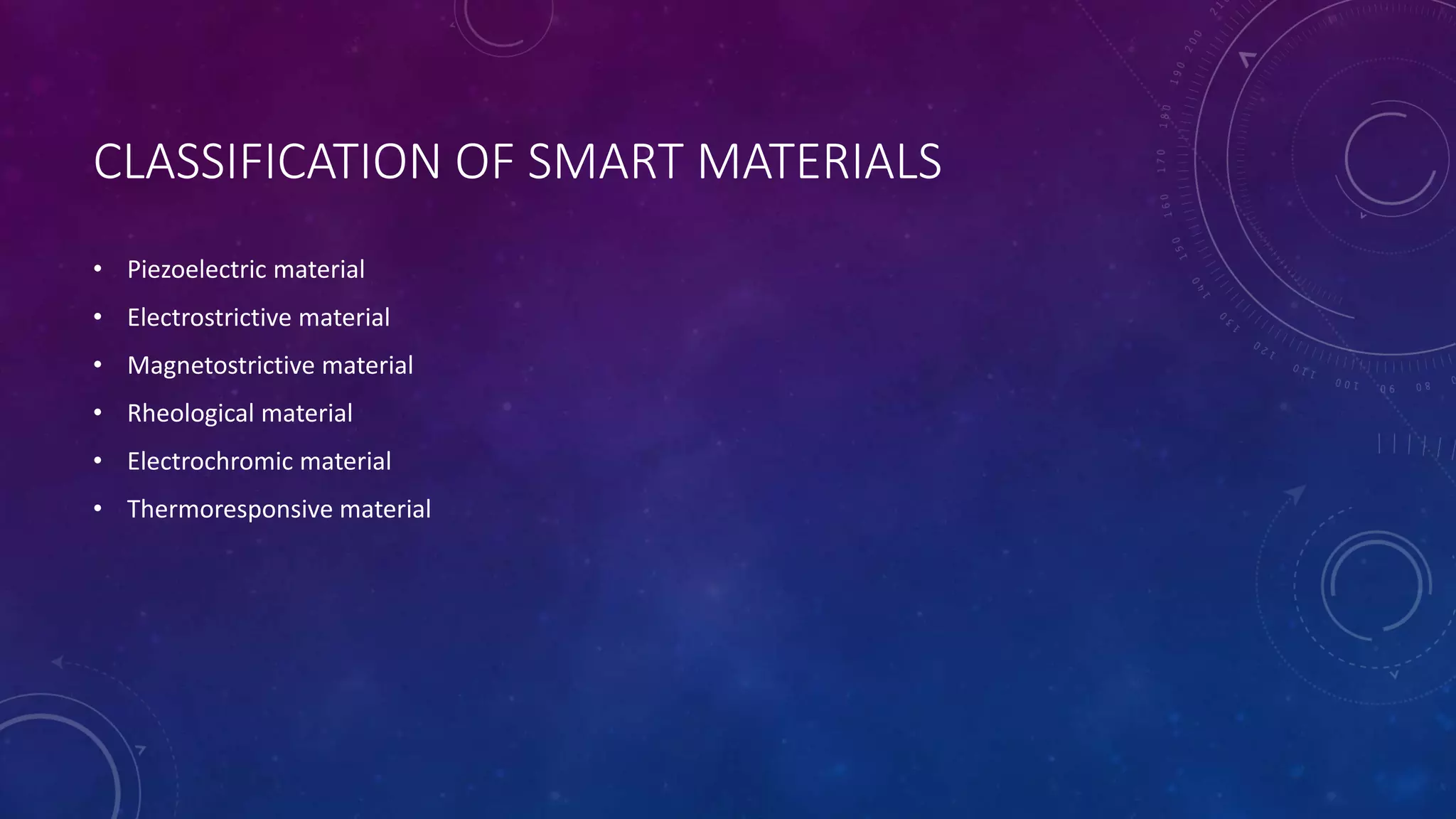 CLASSIFICATION OF SMART MATERIALS
• Piezoelectric material
• Electrostrictive material
• Magnetostrictive material
• Rheological material
• Electrochromic material
• Thermoresponsive material
 
