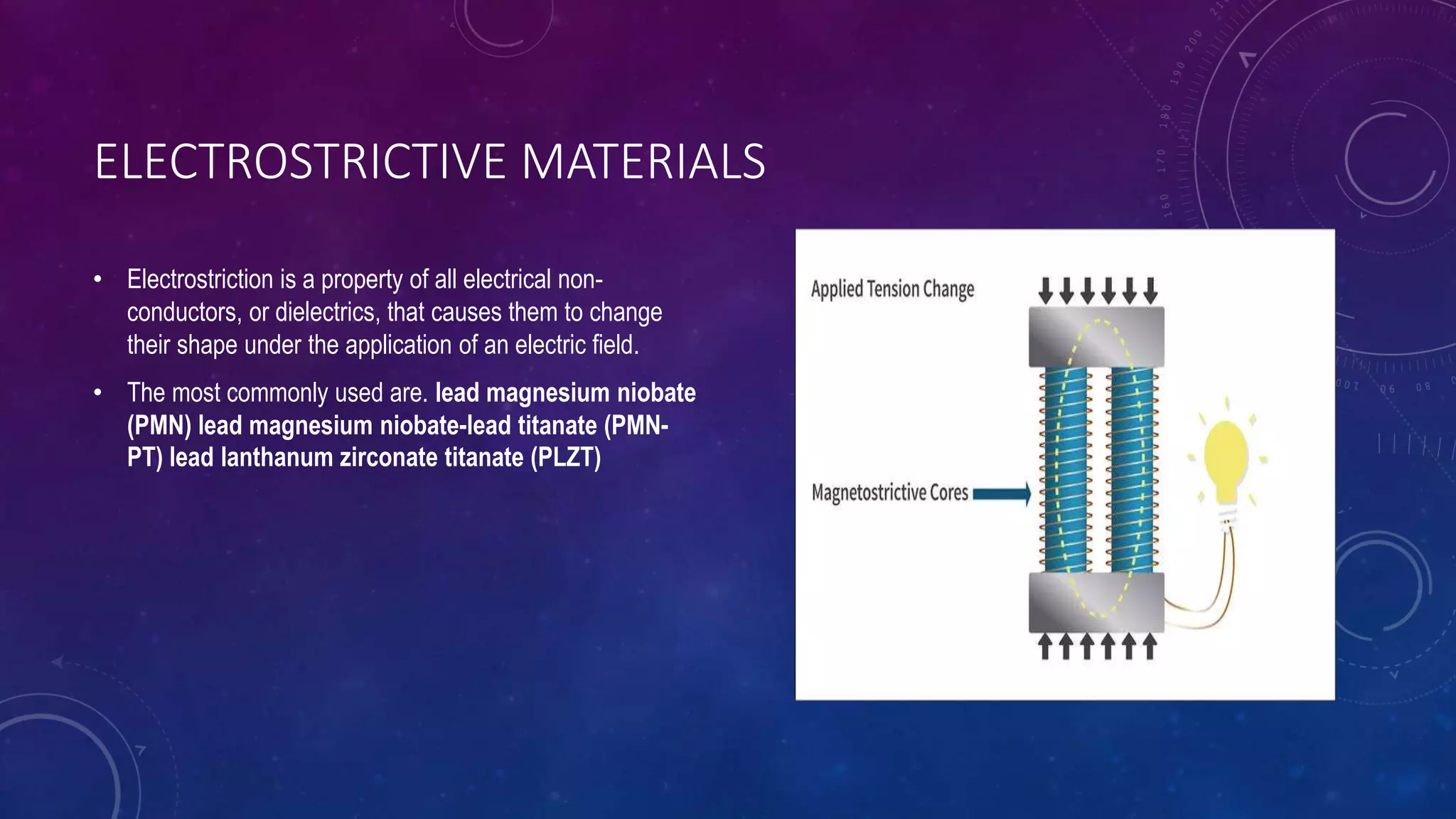 ELECTROSTRICTIVE MATERIALS
• Electrostriction is a property of all electrical non-
conductors, or dielectrics, that causes them to change
their shape under the application of an electric field.
• The most commonly used are. lead magnesium niobate
(PMN) lead magnesium niobate-lead titanate (PMN-
PT) lead lanthanum zirconate titanate (PLZT)
 