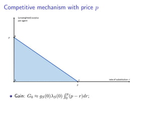 Competitive mechanism with price p
Gain: G0 ≈ gS(0)λS(0)
R p
0 (p − r)dr;
 