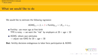 Statistical discrimination at young age:
Data & method
What we would like to do
We would like to estimate the following regression
AGWGc,t = βi + β × Fertilityc,t + γXc,t + ϵc,t
Fertility: use mean age at first birth
TFR is noisy → we want the “risk” by employers at 20 < age < 30
AGWG: obtain own estimates
→ adjust raw GWG for 20 < age < 30
But: fertility decisions endogenous to labor force participation & AGWG
 