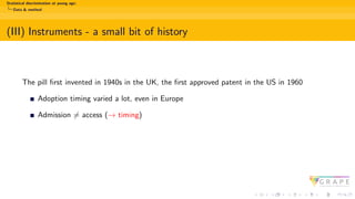 Statistical discrimination at young age:
Data & method
(III) Instruments - a small bit of history
The pill first invented in 1940s in the UK, the first approved patent in the US in 1960
Adoption timing varied a lot, even in Europe
Admission ̸= access (→ timing)
 