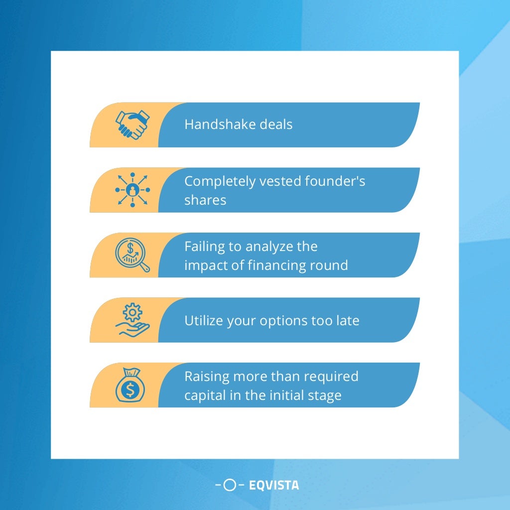 Handshake deals
Completely vested founder's
shares
Failing to analyze the
impact of financing round
Utilize your options too late
Raising more than required
capital in the initial stage
 