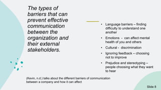 The types of
barriers that can
prevent effective
communication
between the
organization and
their external
stakeholders.
• Language barriers – finding
difficulty to understand one
another
• Emotions - can affect mental
health of you and others
• Cultural - discrimination
• Ignoring feedback – choosing
not to improve
• Prejudice and stereotyping –
people choosing what they want
to hear
ݺߣ 8
(Kevin, n.d.) talks about the different barriers of communication
between a company and how it can affect
 