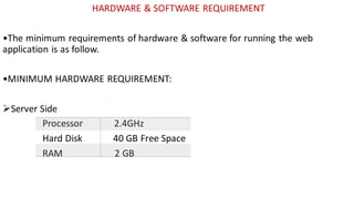 HARDWARE & SOFTWARE REQUIREMENT
•The minimum requirements of hardware & software for running the web
application is as follow.
•MINIMUM HARDWARE REQUIREMENT:
➢Server Side
Processor 2.4GHz
Hard Disk 40 GB Free Space
RAM 2 GB
 