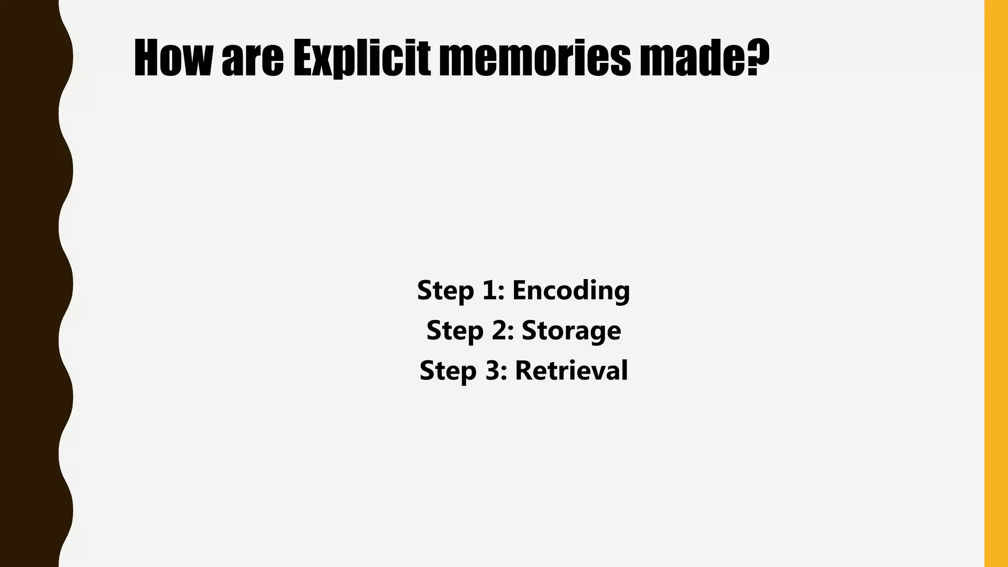 How are Explicit memories made?
Step 1: Encoding
Step 2: Storage
Step 3: Retrieval
 