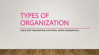 TYPES OF
ORGANIZATION
LINE & STAFF ORGANIZATION, FUNCTIONAL, METRIX, GEOGRAPHYCAL
 