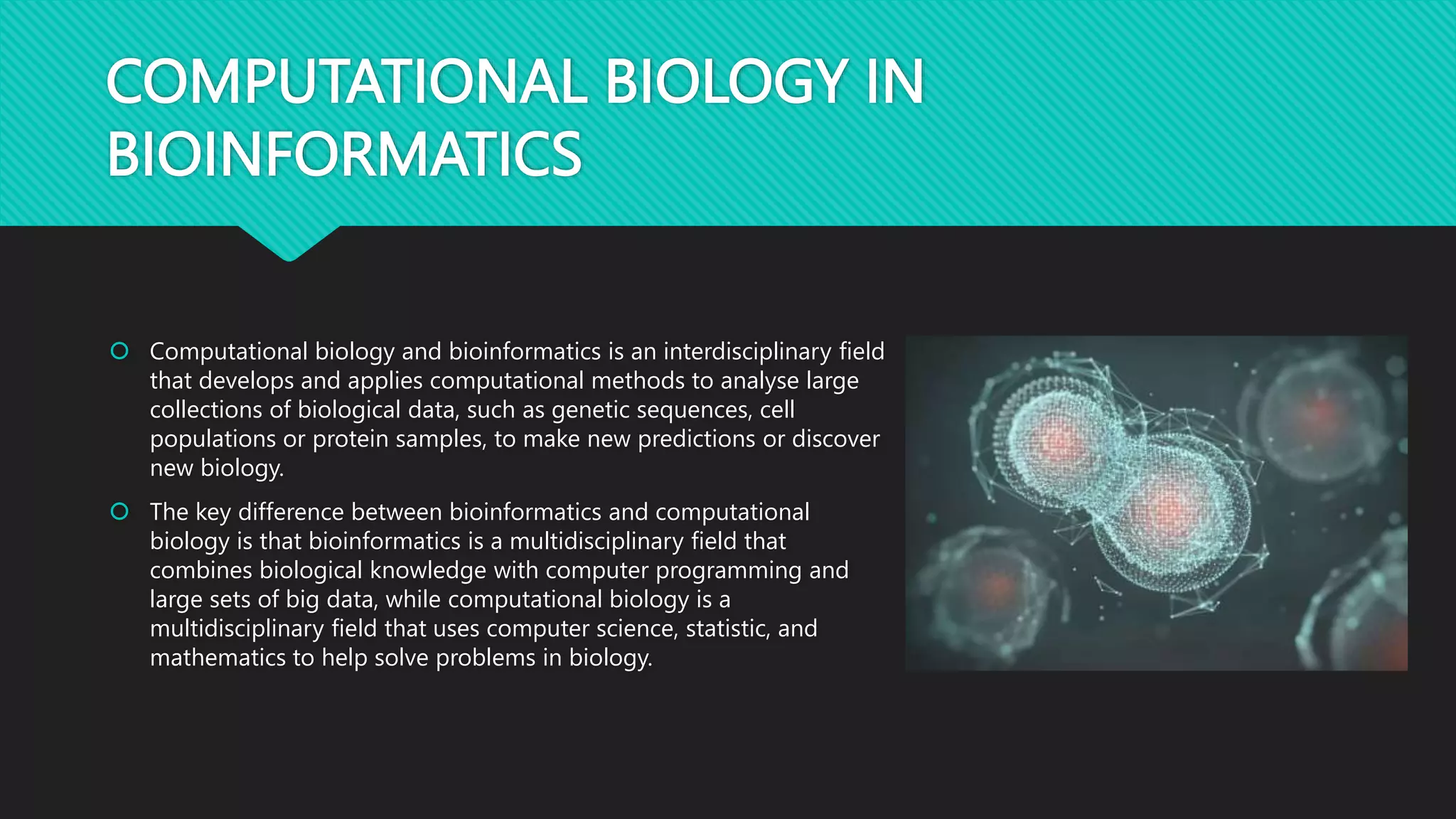 COMPUTATIONAL BIOLOGY IN
BIOINFORMATICS
 Computational biology and bioinformatics is an interdisciplinary field
that develops and applies computational methods to analyse large
collections of biological data, such as genetic sequences, cell
populations or protein samples, to make new predictions or discover
new biology.
 The key difference between bioinformatics and computational
biology is that bioinformatics is a multidisciplinary field that
combines biological knowledge with computer programming and
large sets of big data, while computational biology is a
multidisciplinary field that uses computer science, statistic, and
mathematics to help solve problems in biology.
 