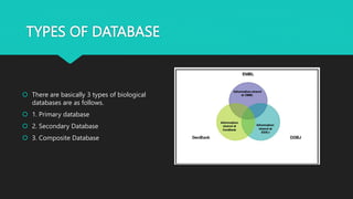 TYPES OF DATABASE
 There are basically 3 types of biological
databases are as follows.
 1. Primary database
 2. Seconda...