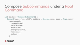 Create a CLIApp that assigns
Subcommands to Handlers
import zio.cli._
object CsvUtil extends ZIOCliDefault {
// Options, A...