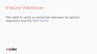 Impure Validation
We need to verify a connection between an option/
argument and the Real World
✓ Does the given file actu...