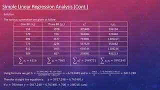 Simple Linear Regression Analysis (Cont.)
Solution:
The various summation are given as follow
.
Using formula we get 𝑏 =
6×3993343−4116×7065
6×2949731− 4116 2 = −6.763481 and 𝑎 =
7065
6
−
−6.763481 ×4116
6
= 5817.248
Therefor straight line equation is 𝑦 = 5817.248 − 6.763481𝑥
If 𝑥 = 700 then 𝑦 = 5817.248 − 6.763481 × 700 = 1082.81 (ans)
One BR (𝑥𝑖) Three BR 𝑦𝑖 𝑥𝑖
2 𝑥𝑖𝑦𝑖
553 1078 305809 596134
578 916 334084 529448
891 1577 793881 1405107
773 1234 597529 953882
812 1403 659344 1139236
509 857 259081 436213
𝑥𝑖 = 4116 𝑦𝑖 = 7065 𝑥𝑖
2
= 2949731 𝑥𝑖𝑦𝑖 = 3993343
 